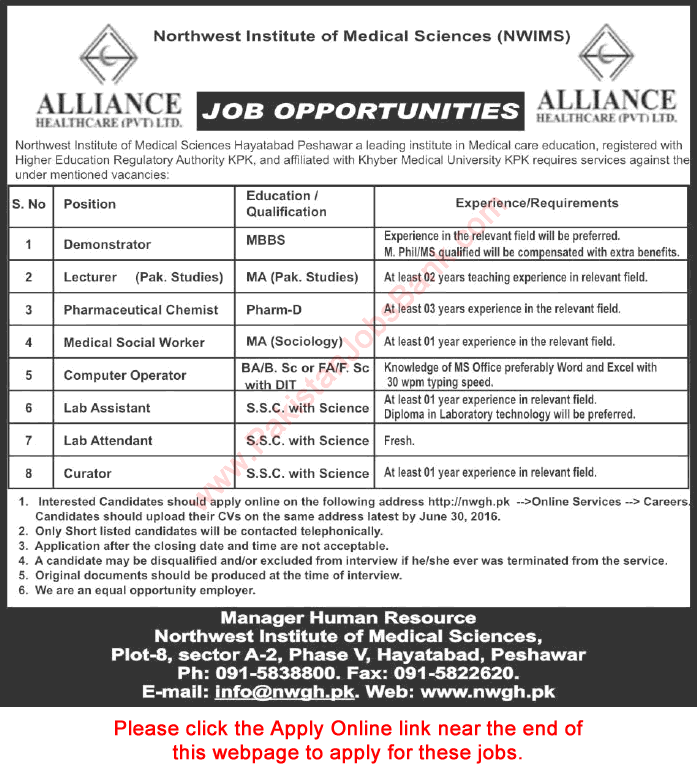 Northwest Institute of Medical Sciences Peshawar Jobs 2016 June Apply Online Lecturers, Demonstrator & Others Latest