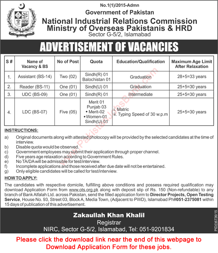 NIRC Islamabad Jobs 2016 June OTS Application Form National Industrial Relations Commission Latest