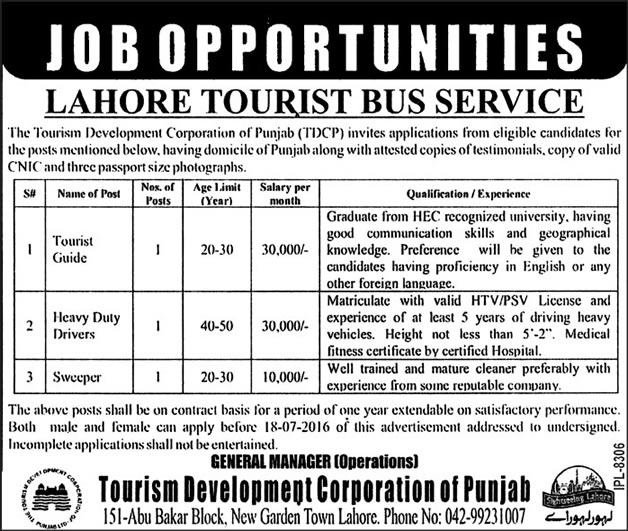 Lahore Tourist Bus Service Jobs 2016 July TDCP Tourist Guide, Driver & Sweeper Latest