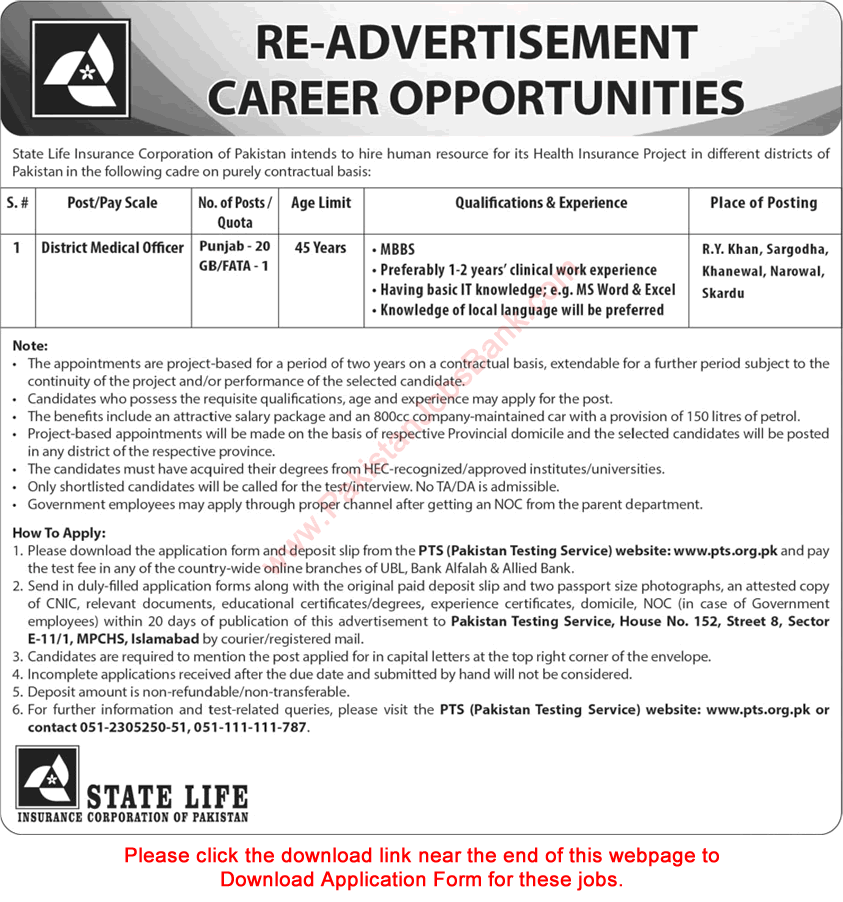 Medical Officer Jobs in State Life Insurance Corporation of Pakistan July 2016 PTS Application Form Latest