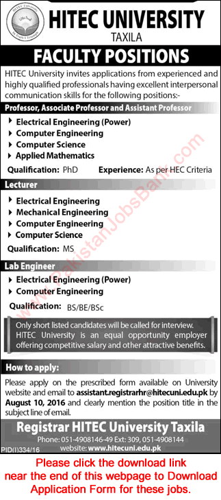 HITEC University Taxila Jobs 2016 July Application Form Teaching Faculty & Lab Engineers Latest
