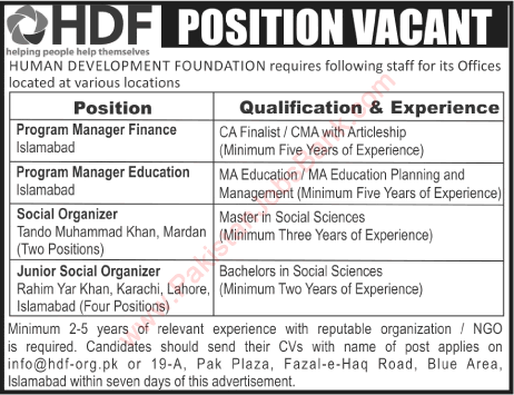Human Development Foundation Pakistan Jobs 2016 August HDF NGO Social Organizers & Project Managers Latest