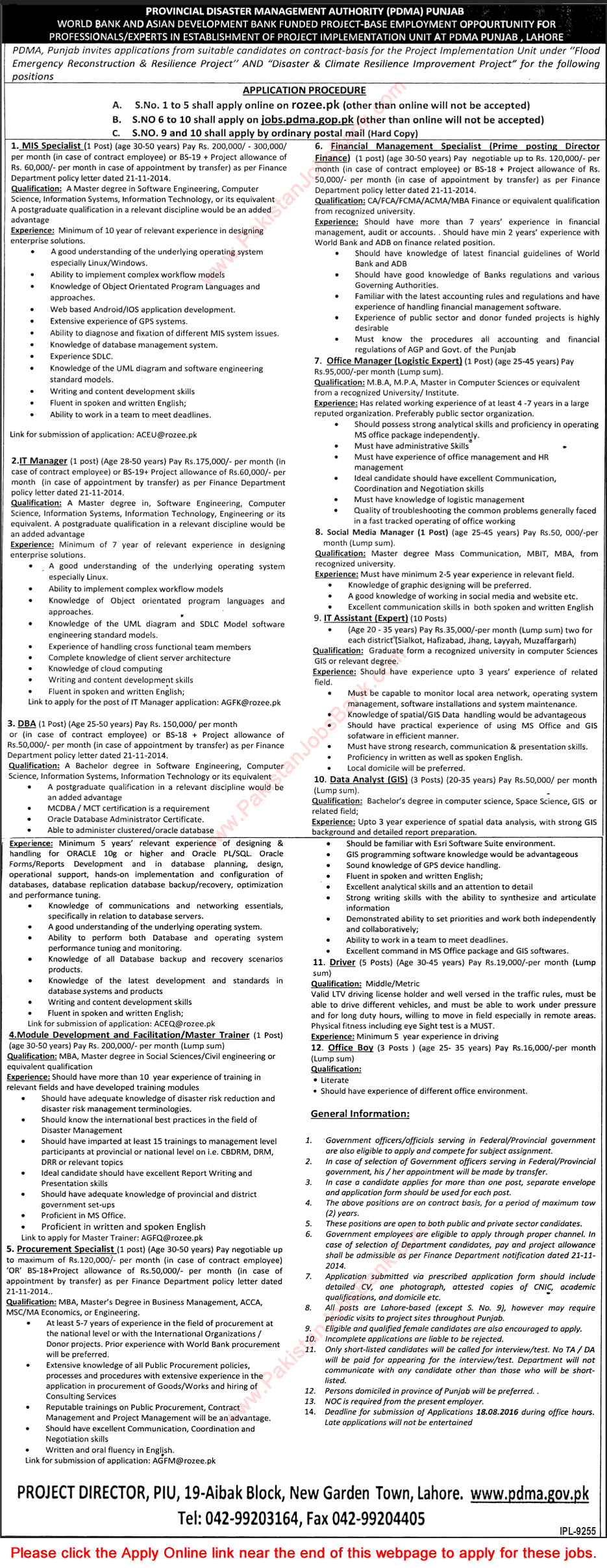 PDMA Punjab Jobs 2016 August Apply Online IT Assistants, Data Analysts, Drivers, Office Boys & Others Latest