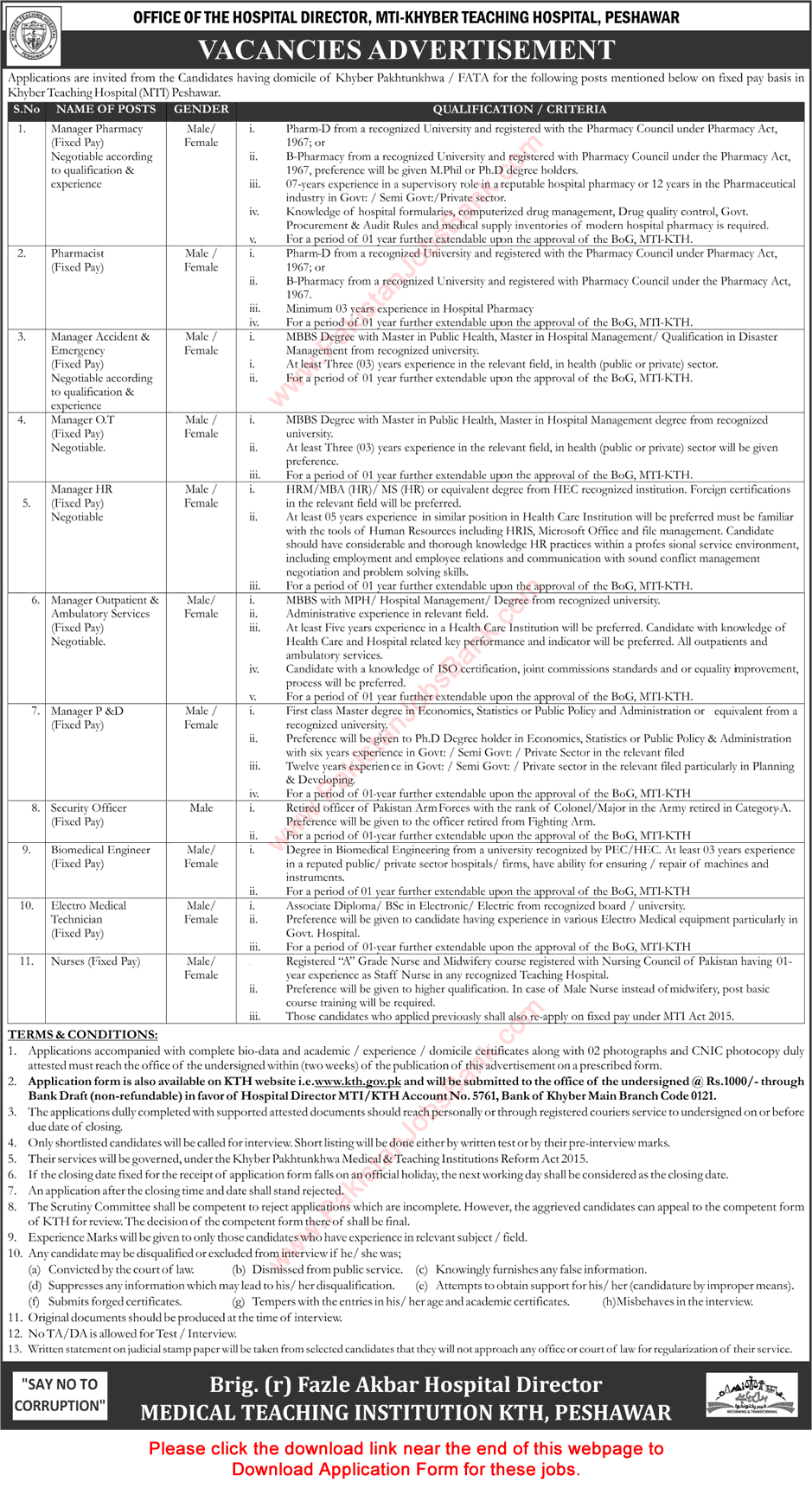 Khyber Teaching Hospital Peshawar Jobs August 2016 KTH MTI Application Form Download Latest