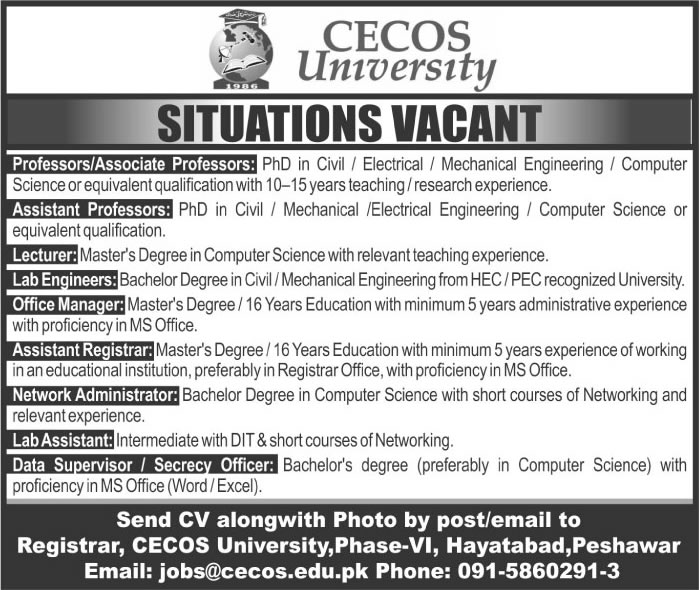 CECOS University Peshawar Jobs 2016 August Teaching Faculty, Lab Engineers & Others Latest