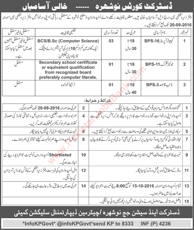 District and Session Court Nowshera Jobs 2016 August Computer Operators, Clerk & Naib Qasid Latest