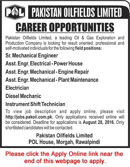 Pakistan Oilfields Limited Jobs August 2016 POL Apply Online Electrical / Mechanical Engineers & Others Latest