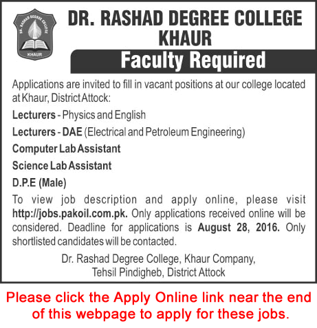 Dr Rashad Degree College Khaur Jobs 2016 August Apply Online Lecturers, Lab Assistants & DPE Latest