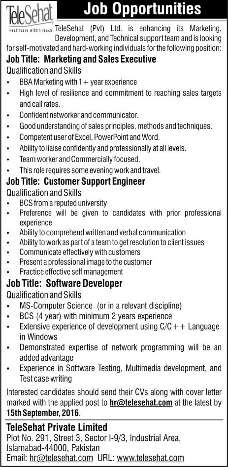 TeleSehat Pvt Ltd Islamabad Jobs 2016 August / September Sales and Marketing Executives & Others Latest