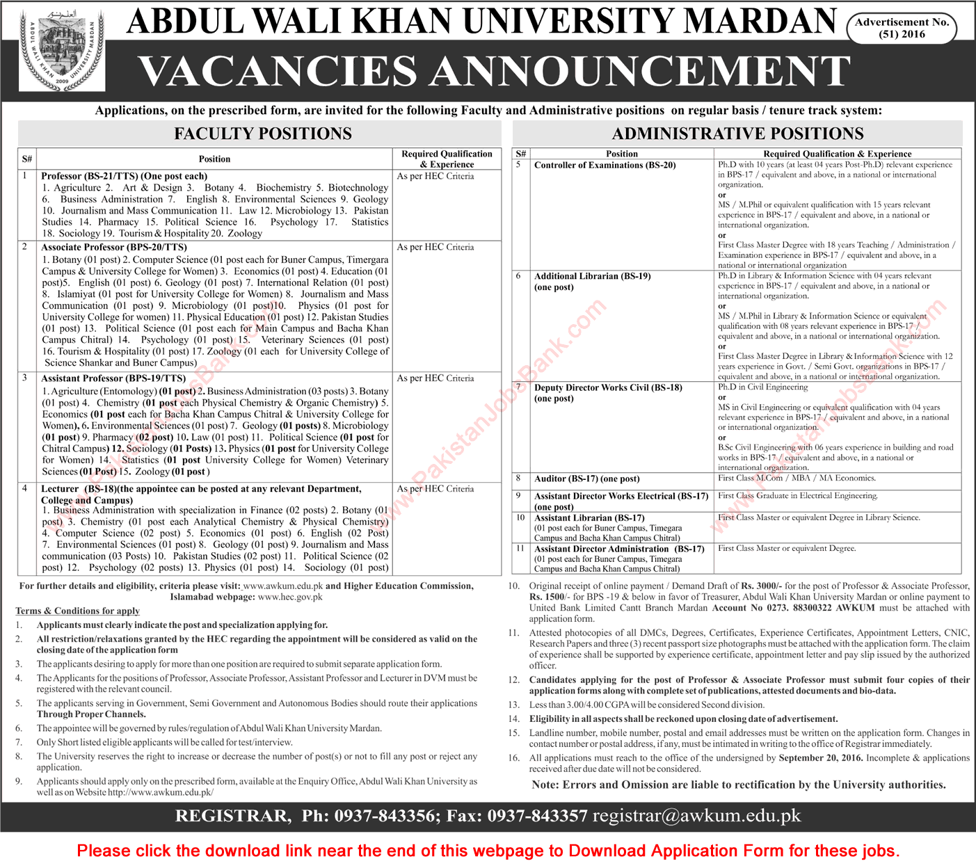 Abdul Wali Khan University Mardan Jobs September 2016 Application Form Teaching Faculty & Admin Staff Latest