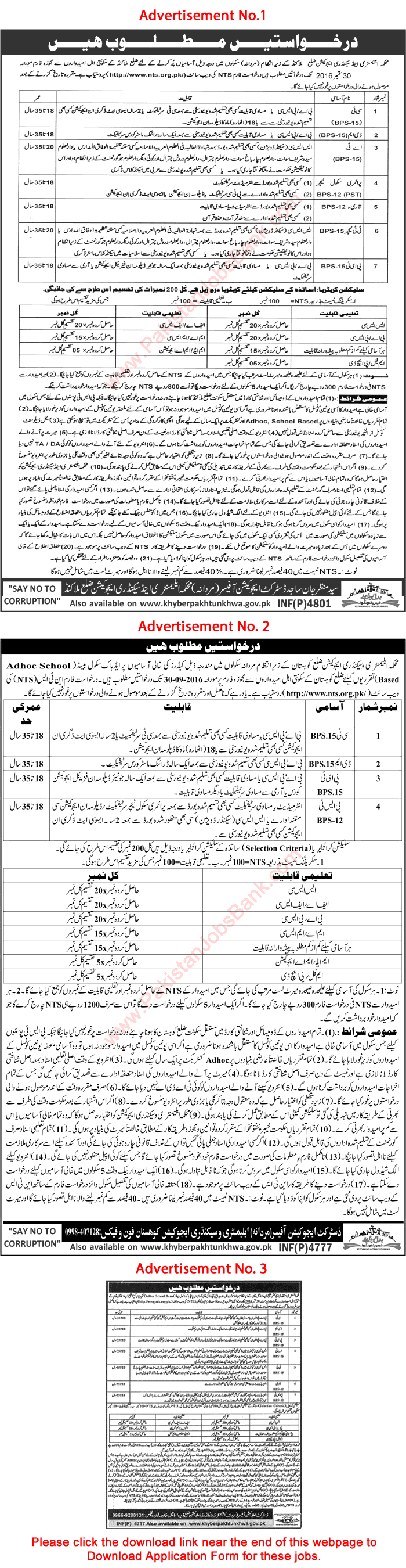 Elementary and Secondary Education KPK Jobs September 2016 ESE Department NTS Application Form Latest