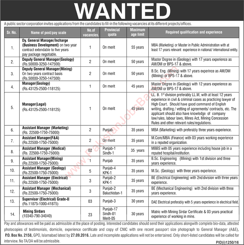 PO Box 2158 GPO Islamabad Jobs 2016 September Assistant Managers, Mining Sirdars & Others Latest
