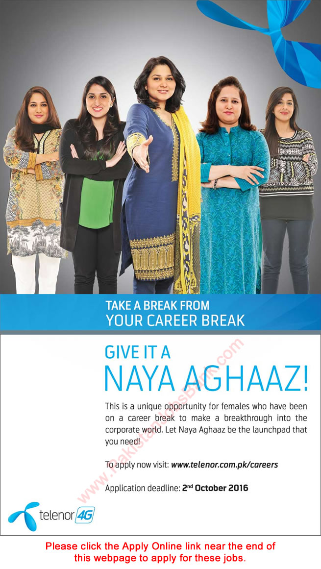 Telenor Pakistan Jobs September 2016 Apply Online for Females Naya Aghaaz Trainees Latest / New