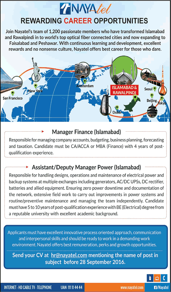 Nayatel Islamabad Jobs September 2016 Finance Managers & Assistant / Deputy Manager Power Latest