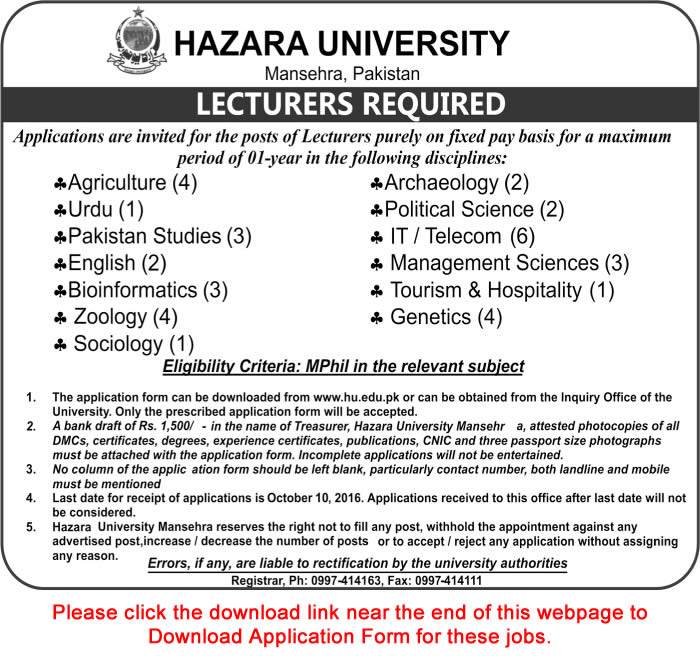 Lecturer Jobs in Hazara University Mansehra September 2016 Application Form Download Latest