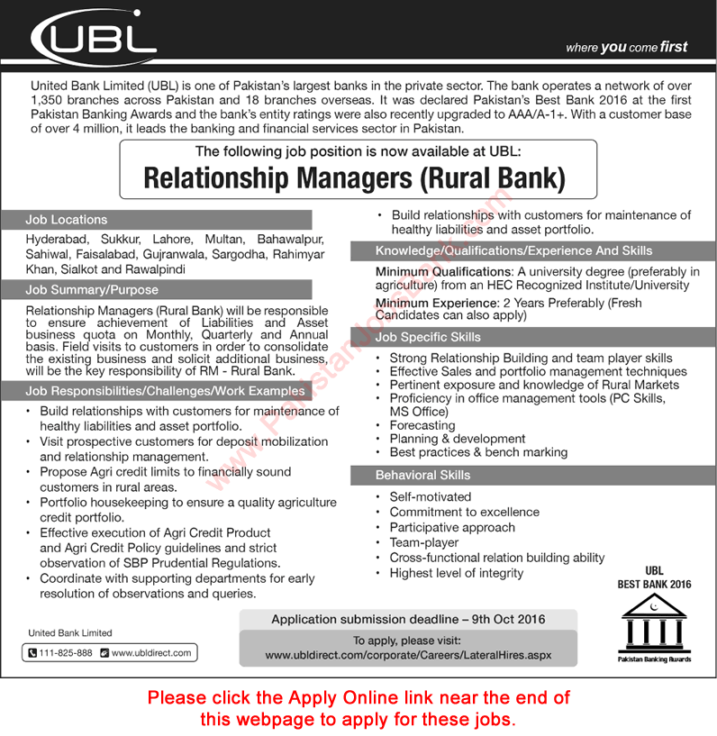 Relationship Manager Jobs in UBL October 2016 Apply Online United Bank Limited Latest