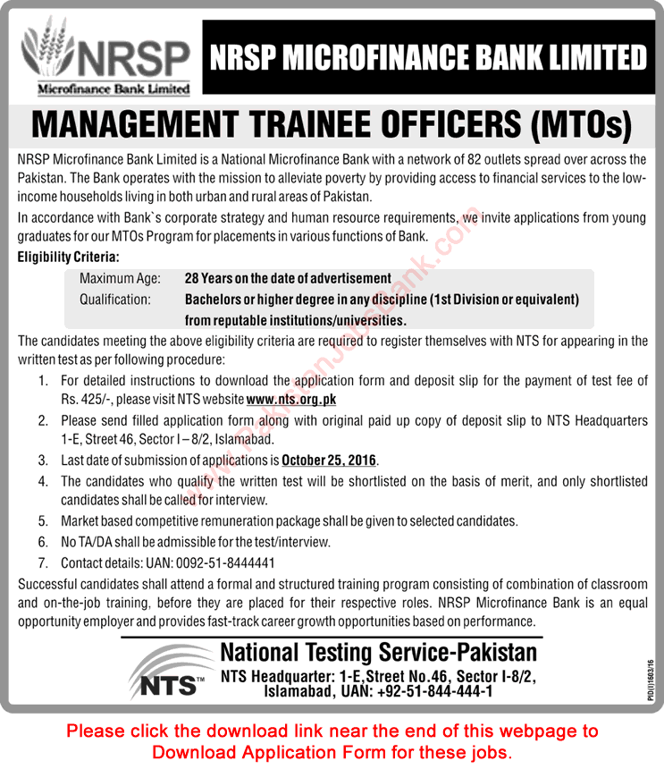 NRSP Bank Jobs October 2016 NTS Application Form Management Trainee Officers MTO Latest / New