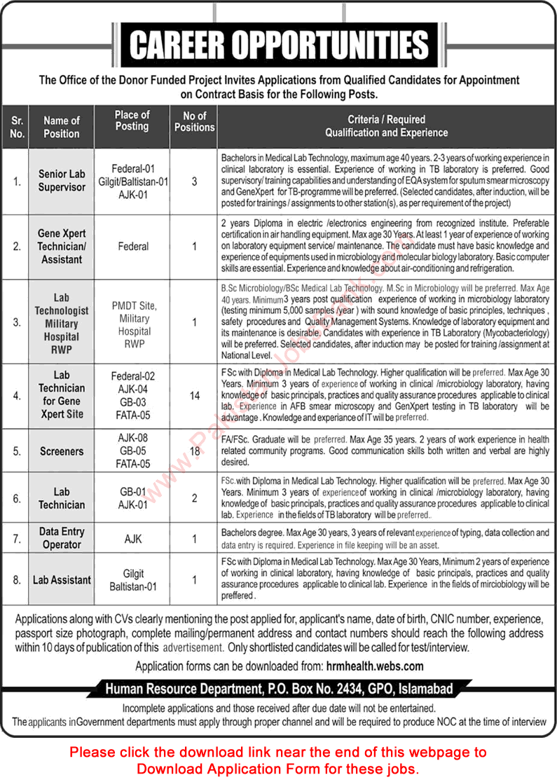 PO Box 2434 GPO Islamabad Jobs 2016 October Application Form Lab Technicians, Screeners & Others Latest