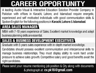 Sales Jobs in Lahore, Karachi & Islamabad October 2016 Sales Managers & Executives Latest