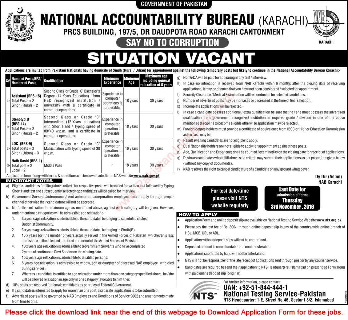 NAB Karachi Jobs October 2016 NTS Application Form Clerks, Stenotypists, Assistants & Naib Qasid Latest