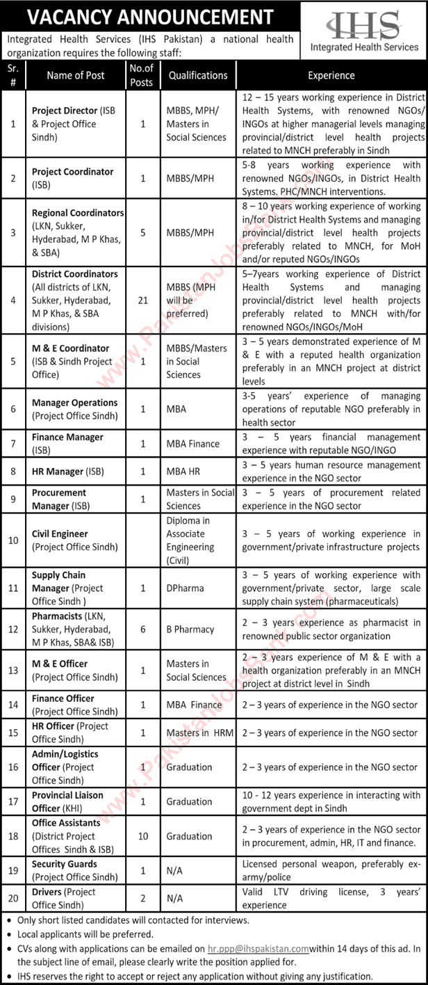 Integrated Health Services Pakistan Jobs October 2016 IHS District Coordinators, Office Assistants & Others Latest