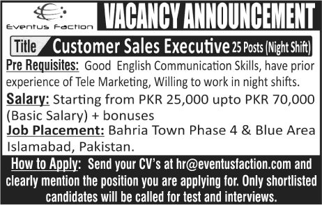 Customer Sales Executive Jobs in Eventus Faction Islamabad / Rawalpindi October 2016 November Latest
