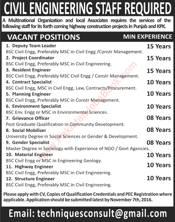 Techniques Consulting Engineers Pakistan Jobs October 2016 November Civil Engineers & Others Latest
