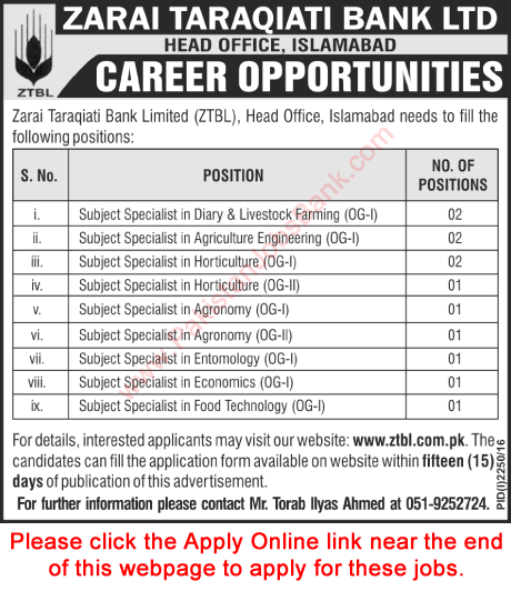 Subject Specialist Jobs in ZTBL November 2016 Apply Online Latest / New
