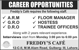 Freddy's Cafe Lahore Jobs 2016 November Walk In Interview Trainee Officers, Hostess & Others Latest
