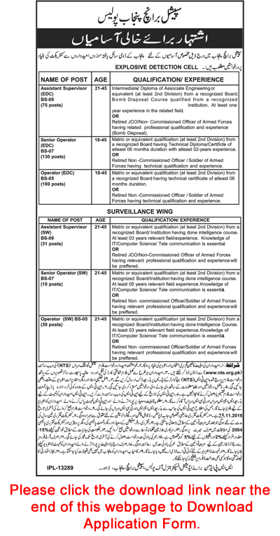 Special Branch Punjab Police Jobs November 2016 NTS Application Form Operators & Supervisors Latest