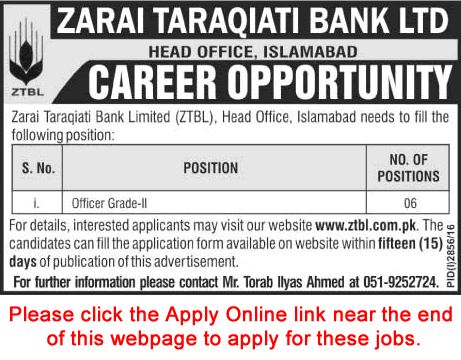ZTBL Jobs December 2016 Apply Online Officer Grade-II (OG-II) Zarai Taraqiati Bank Limited Latest