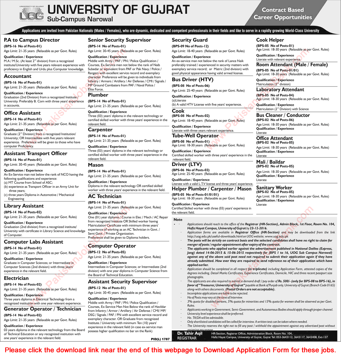University of Gujrat Narowal Campus Jobs December 2016 Application Form Download UOG Latest