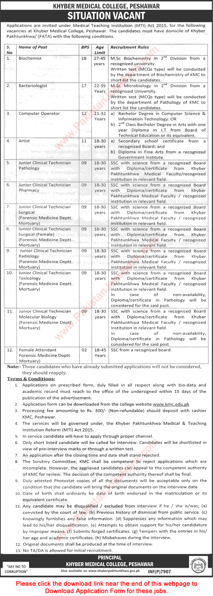 Khyber Medical College Peshawar Jobs 2017 Application Form Clinical Technicians & Others Latest