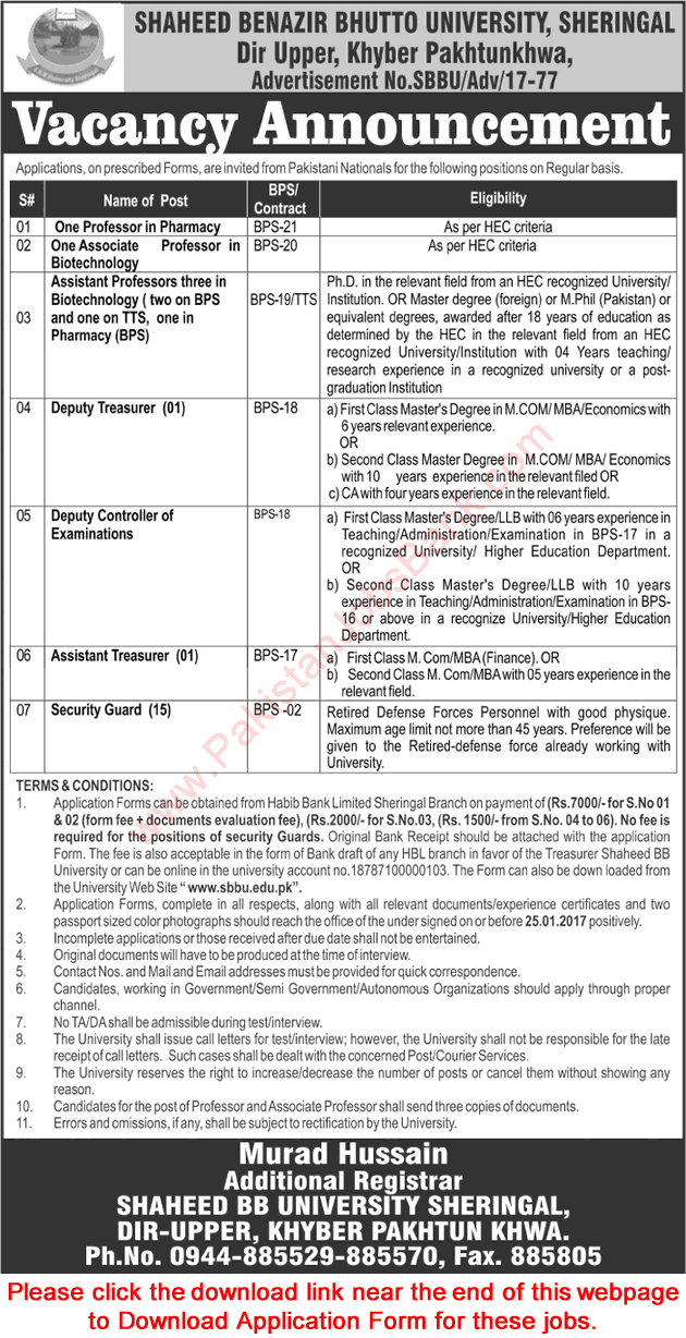 Shaheed Benazir Bhutto University Sheringal Jobs 2017 Upper Dir Application Form Download SBBU Latest