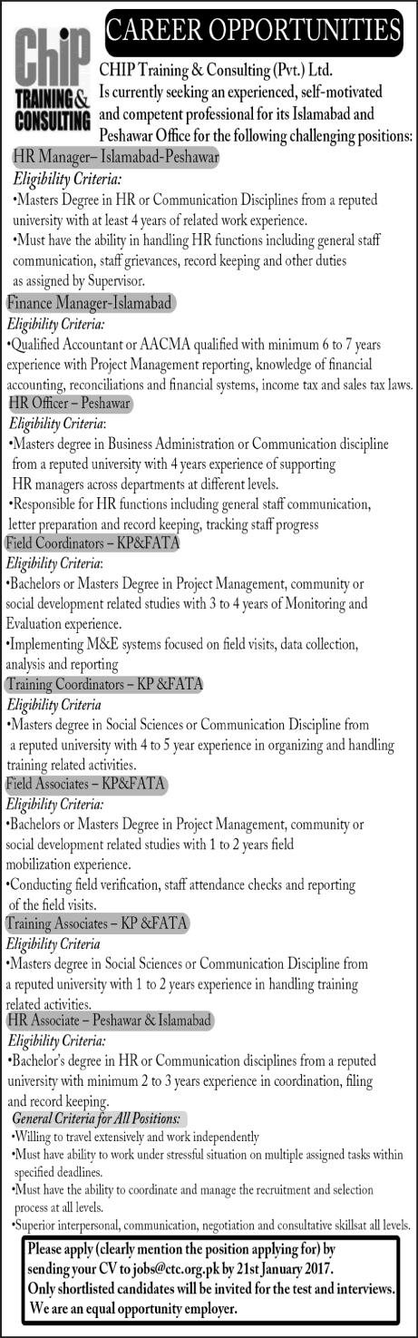 Chip Training and Consulting Jobs 2017 Islamabad / Peshawar Field / Training Coordinators & Others Latest