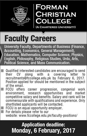 Forman Christian College Lahore Jobs 2017 Teaching Faculty FCC Latest