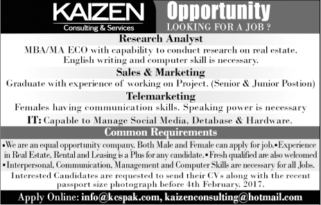 Kaizen Consulting and Services Lahore Jobs 2017 Sales / Marketing / IT Staff & Research Analyst Latest