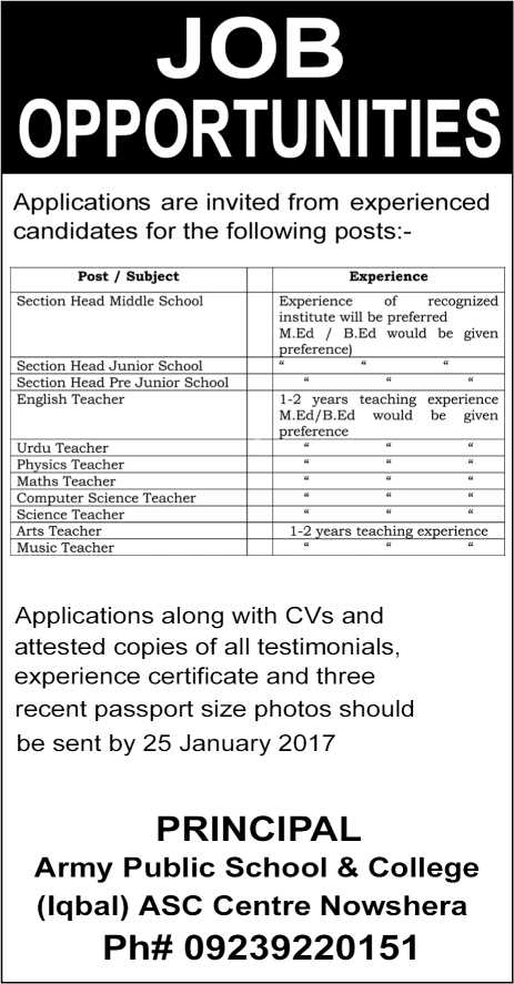 Army Public School and College Nowshera Jobs 2017 Teachers & Section Heads APS&C Latest
