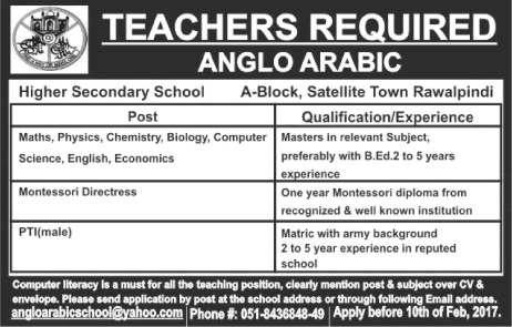 Teaching Jobs in Rawalpindi 2017 January at Anglo Arabic School Latest