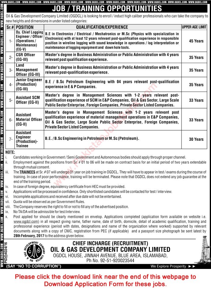 OGDCL Jobs 2017 February Application Form Trainee Petroleum Engineers, CSR Officers & Others Latest