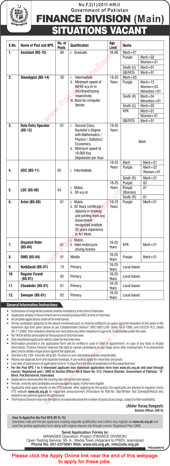 Finance Division Jobs 2017 February Islamabad OTS Apply Online Stenotypists, Naib Qasid, Clerks & Others Latest