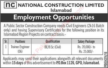 Trainee Engineer Jobs in National Construction Limited Islamabad Jobs February 2017 National NCL Latest