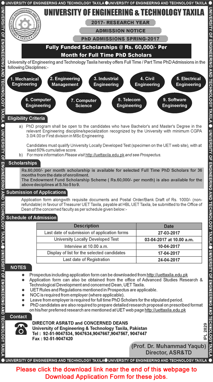 UET Taxila Scholarships 2017 March for PhD Program Application Form Download Latest