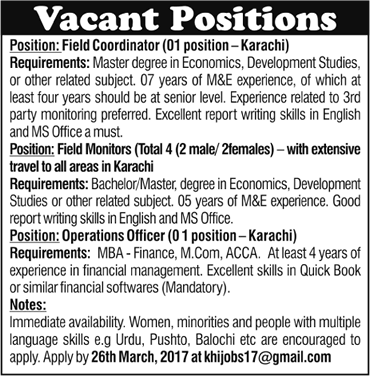 Field Monitors / Operators and Operation Officer Jobs in Karachi 2017 March Latest
