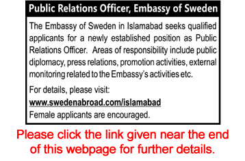 Public Relation Officer Jobs in Sweden Embassy Islamabad 2017 March Latest