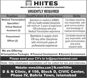 HIITES Islamabad Jobs 2017 March Medical Transcription Specialist & Procurement Officer Latest