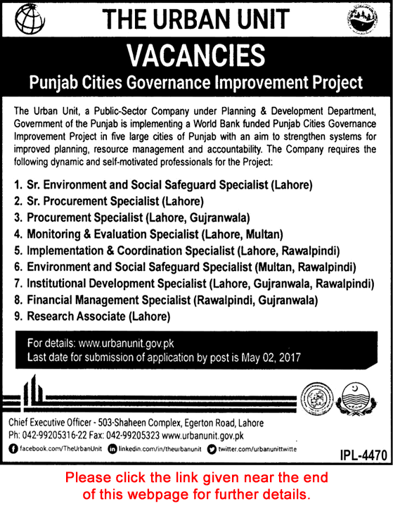 Urban Unit Jobs April 2017 Punjab Cities Governance Improvement Project Latest