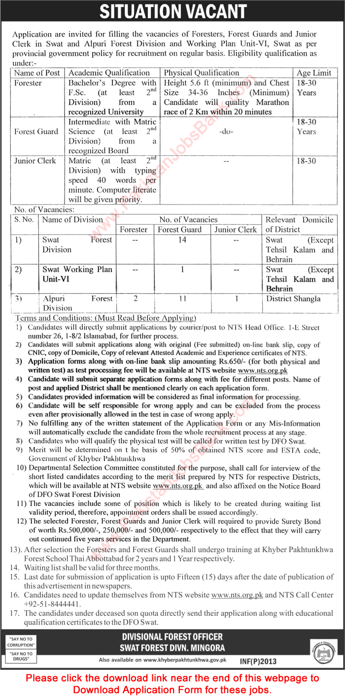Forest Department KPK Jobs April 2017 May NTS Application Form Forest Guards, Foresters & Clerks Latest