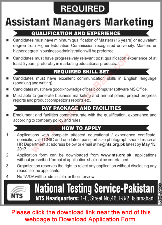 Marketing Manager Jobs in NTS 2017 April / May Application Form National Testing Service Latest