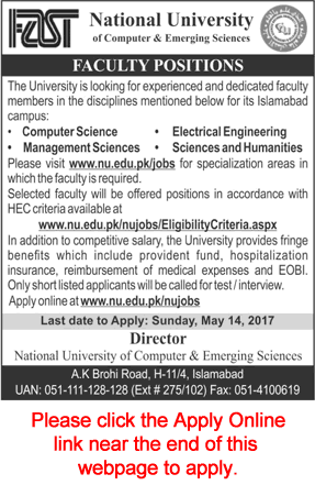 FAST National University Islamabad Jobs May 2017 Apply Online Teaching Faculty Latest
